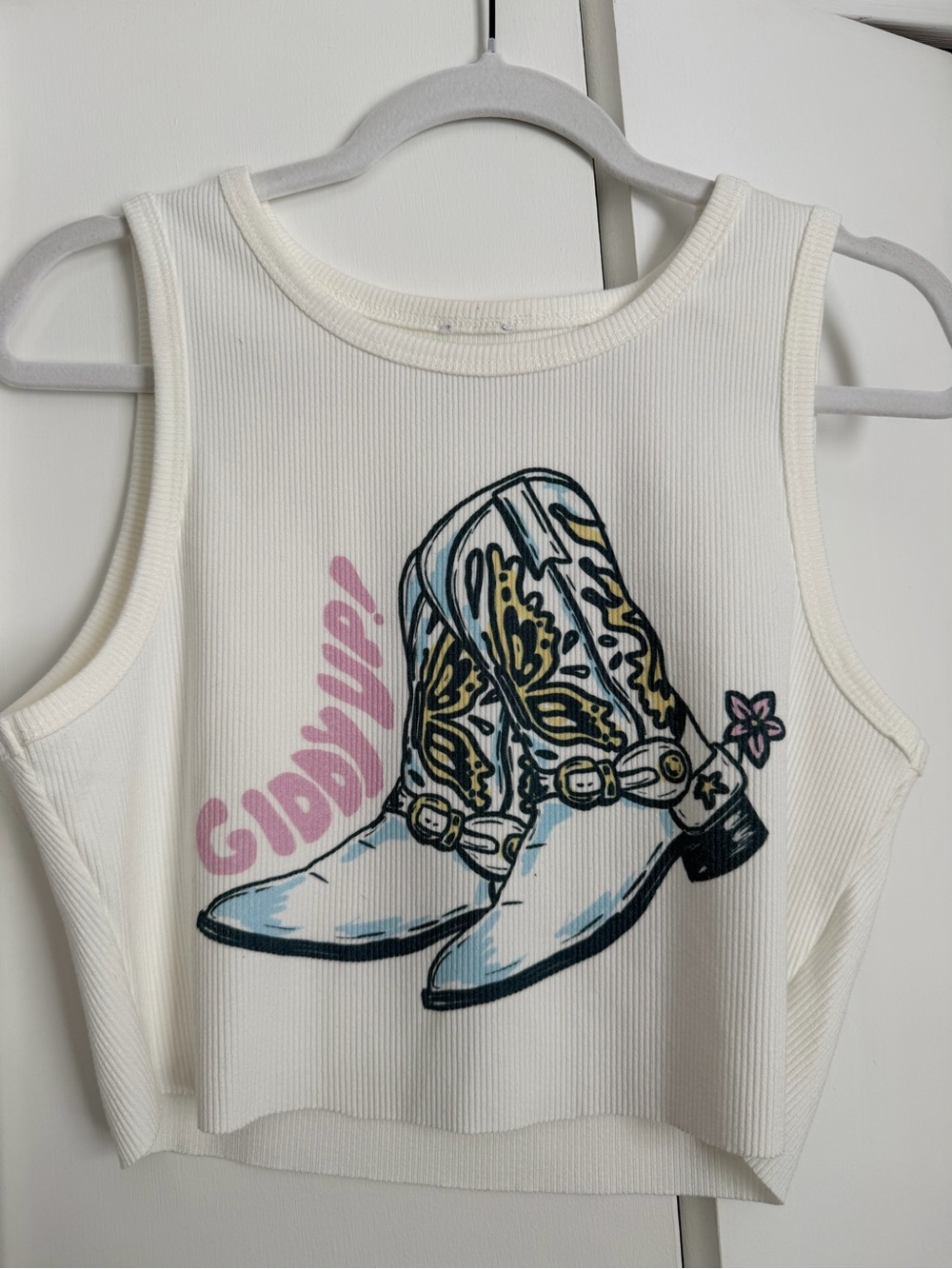 Princess Polly White Ribbed Crop Tank with Cowboy Boot Graphic